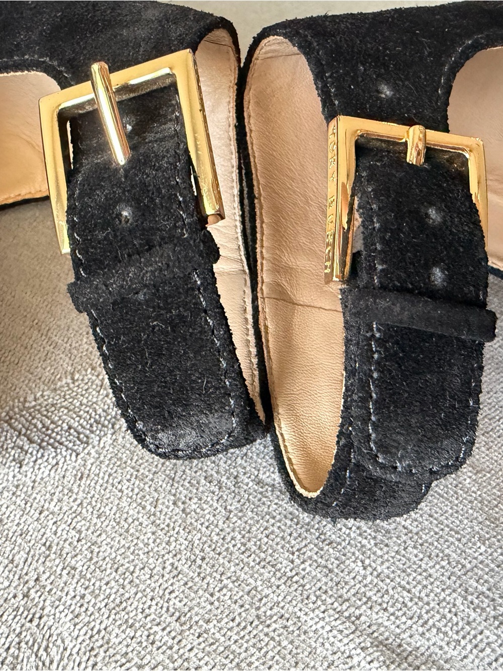 Tory Burch Black Suede Peep-Toe Stiletto Sandals with Gold Buckle - Picture 13 of 14